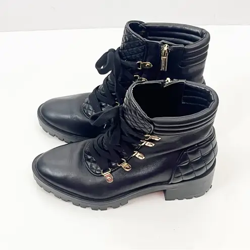 Karl Lagerfeld Pervot Black Leather Round Toe Side Zip Quilted Combat Boots 6