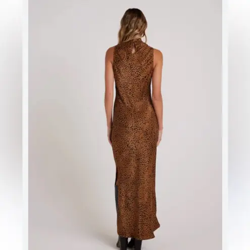 Bella Dahl Satin Animal Print Maxi Dress Sleeveless High Neck Slit Boho Indie