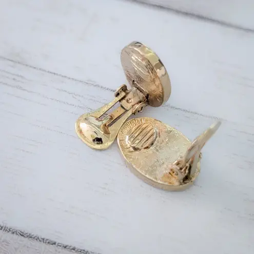 Vintage Clip On Earrings Retro Stylish Black Oval with Gold Tone Halo Elegant