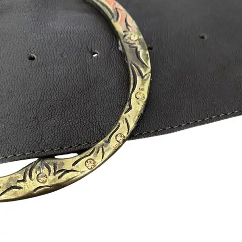 Chocolate Brown Leather Wide Waist Belt Gold Tone Circle Buckle Rhinestone