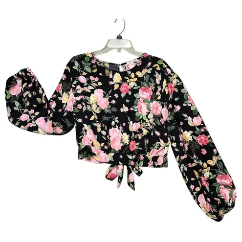 Bleuh Ciel Shirt Womens Large Black Floral Tie Front Balloon Sleeve Blouse Boho