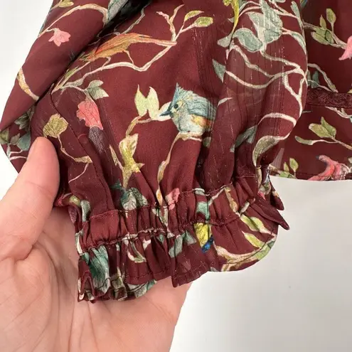 J. Crew Point Sur Ruffle Neck Popover Top Blouse Menagerie Bird Print Small Brown