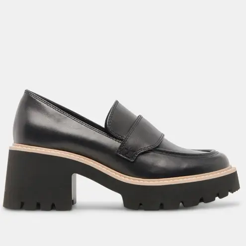 Dolce Vita Black Leather Halona Chunky Block Heel Platform Loafer 9.5 NWOB
