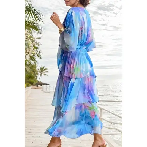 NWT ~ Women's Watercolor Tie Dye Layered Tiers V Neck Wrap Dress Belt ~ Size XL Blue
