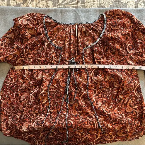 Free People  Burnt Orange Paisley Pleated Boho Front Tie Blouse size S