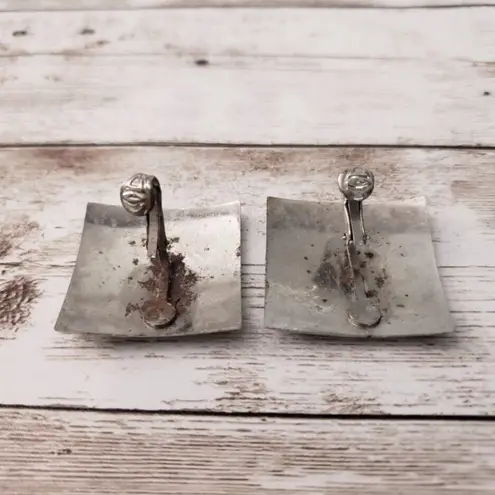 Vintage Clip On Earrings Square Large Olive Green & Plum Tones Statement