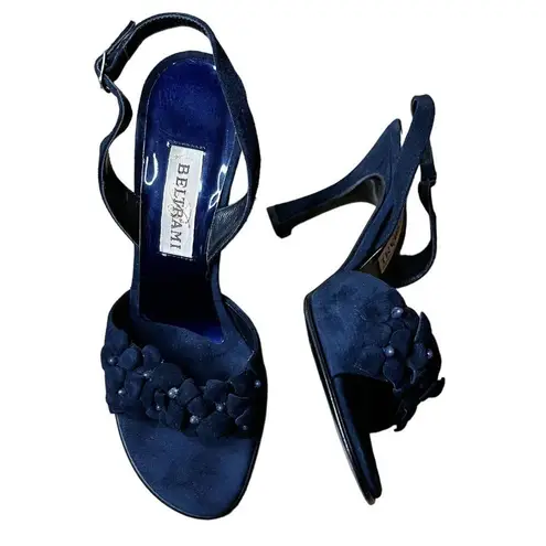 BELTRAMI Suede Sandals Navy Blue 3D Floral Design Sling Back Italy EU 38 US 7.5