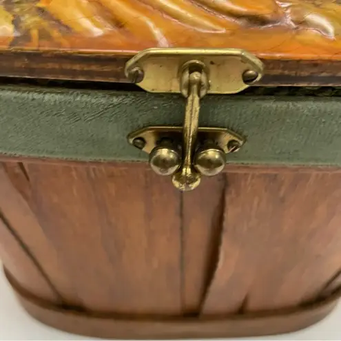 Vintage Basket Purse Molded Floral Velour Wood Lined Picnic Style Green Yellow