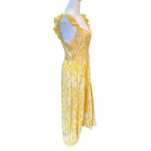 Angie  Midi Dress Cap Sleeve Tiered Skirt Yellow Floral Open Back Womens Large