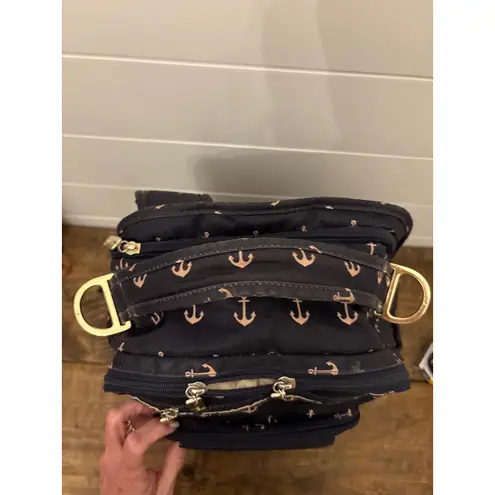 JuJuBe Navy Anchor Print Backpack Diaper Bag Gold Hardware Blue