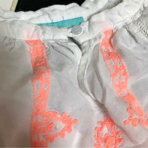 Melissa Odabash Embroidered Peasant Blouse Crop Top White Neon Coral Summery sz8