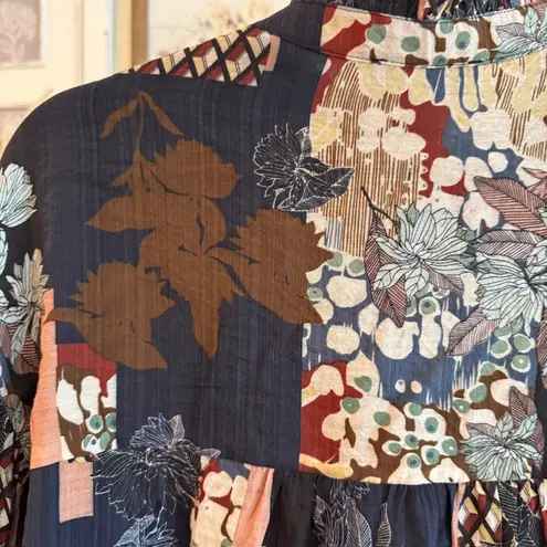 Patchwork Floral Boho Blouse Balloon Sleeve Tie Neck Oversized Fit Women’s Small Blue