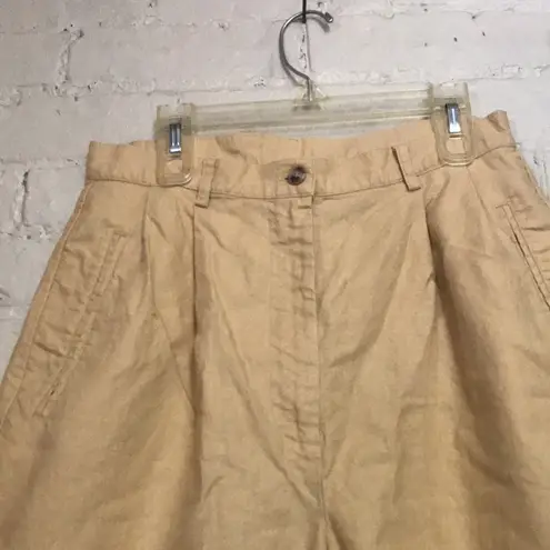 L.L.Bean  8 Vintage 90s Linen Cotton Tan High Waisted Pleated Slit Pocket Shorts