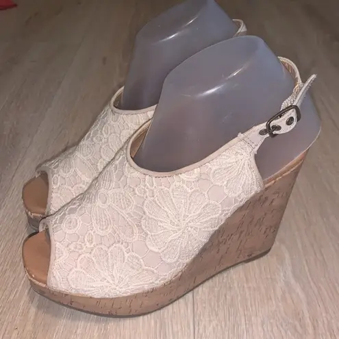 Maurice's  Rain cream lace fabric slingback cork wedges
