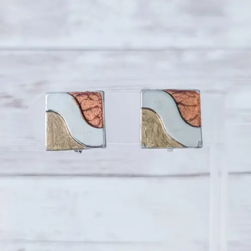 Vintage Clip On Earrings Tri Tone Square