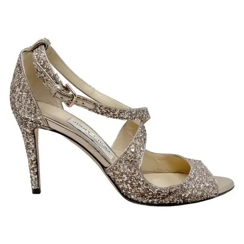 Jimmy Choo  Emily Coarse Glitter Champagne Cross Strappy Peep Toe Heels Sandals