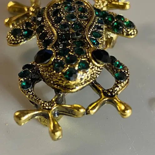 Frog Pin Brooch Gold Tone Metal Green Rhinestones Fashion Jewelry