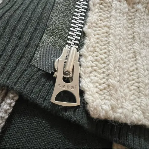 Sacai 100% Wool Stripe Cableknit Zipper Sweater Cream Green Gray NEW XXL