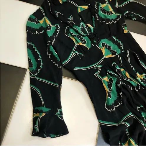 Ba&sh Lalie Flowy Floral Midi Dress Handkerchief Hem Asymmetrical Black Green S