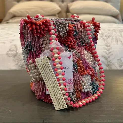 NWT Colorful Beaded Fringe Pearl Rainbow Multicolor Bag