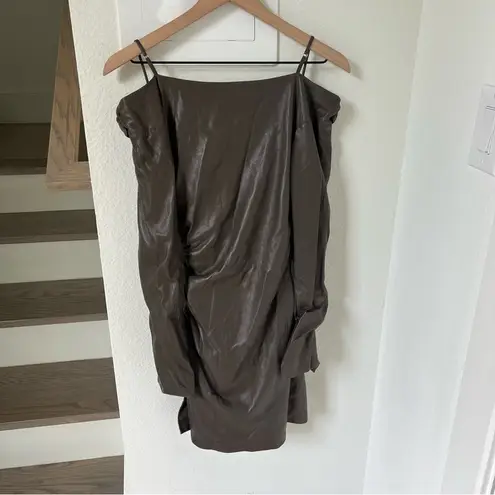 Nanushka Moha Faux Leathet Long Sleeve Off the Shoulder Mini Dress in Brown Size XS