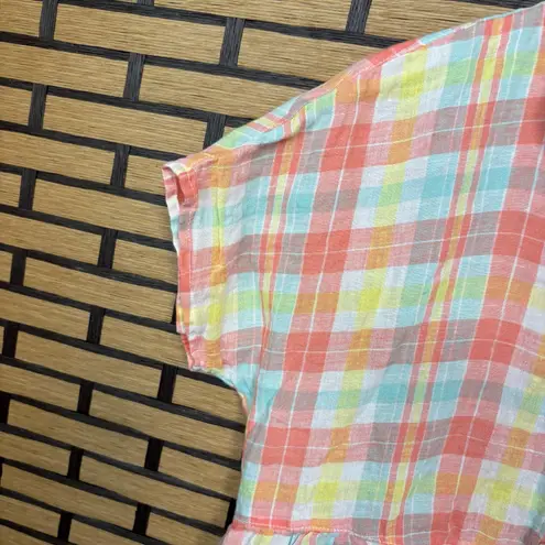 Isaac Mizrahi Pink And Yellow Linen Plaid Peplum Top Size Medium