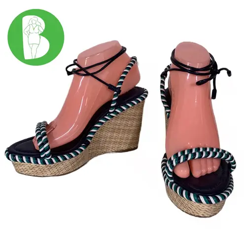 AREZZO BLUE, GREEN & WHITE TWISTED ROPE FAUX LEATHER WEDGE HEEL SANDALS (39) Blue Size 9