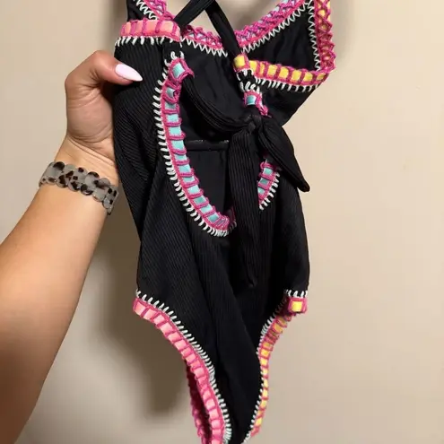 PilyQ MD Platinum Black Crochet Rainbow Trim One Piece- Size Medium