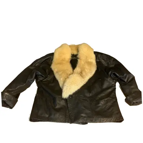 VINTAGE 1980'S GREG BELL BLACK LEATHER WITH FOX FUR COLLAR COAT (L) Size L