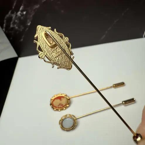 Lapel Stick Pin Gold Tone 1 Avon Lot Of 3 Cameo Lady Face, White Faux Opal