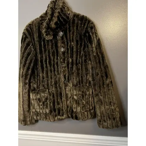 White Stag Faux Fur Jacket Womens Large Brown Button Front Lined Pockets Warm