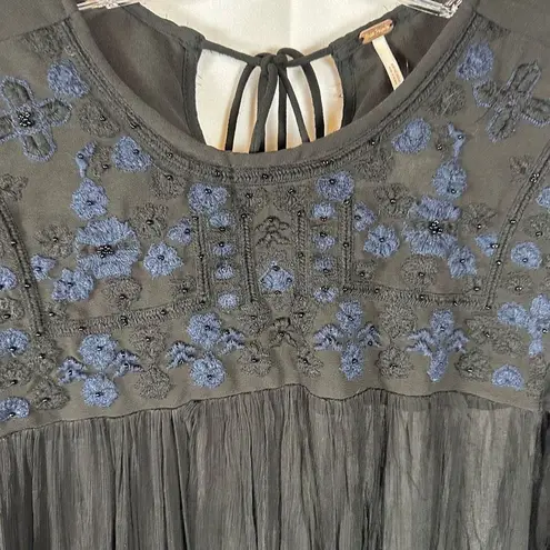Free People NWT  FP Retro Femme Black Semi-Sheer Blouse Beaded Tassel Ties S
