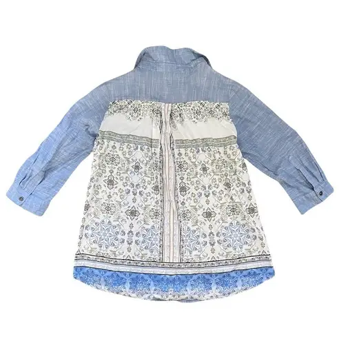 Kyla Sep Chambray and Floral Button Down Shirt Blouse Blue Roll Tab Size M Size M