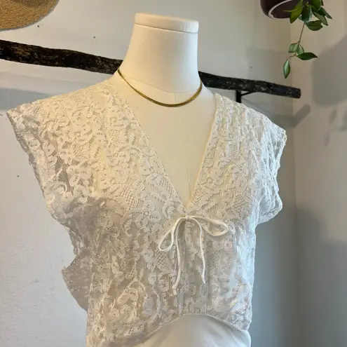 Vintage 1970s White Semi Sheer Satin Lace Top Maxi Slip Dress Size Medium