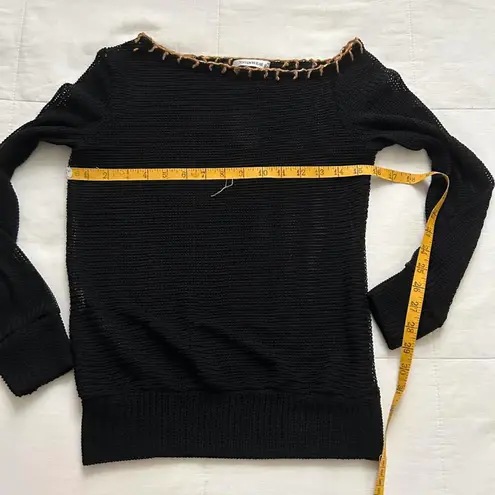 Black open knit off the shoulder sweater with tan blanket stitching Size XS
