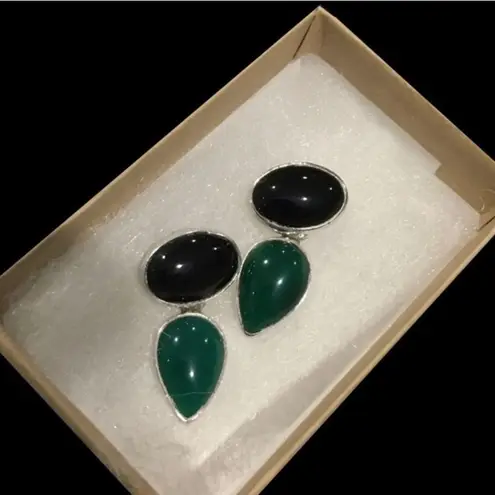 Onyx TAXCO Vintage Southwest Black Green Agate Sterling Silver Drop Earrings