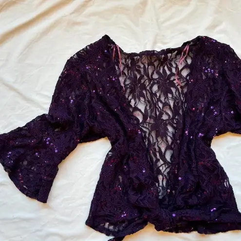 Unique Vintage Beautiful purple plum silver sequin floral lace wrap top / cardigan