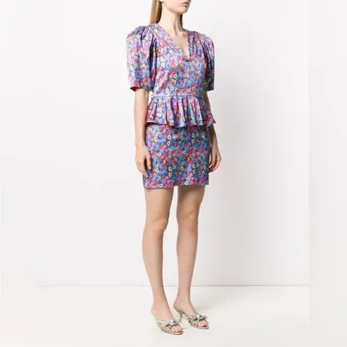 Rotate Mindy Mini Dress 6 Puff Sleeve Peplum Purple Blue Floral Bold Y2K Party