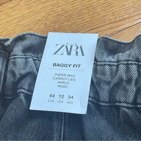 ZARA  Paperbag BAGGY Fit Jeans Comfortable Cut High Waist Elastic Black Sz 12