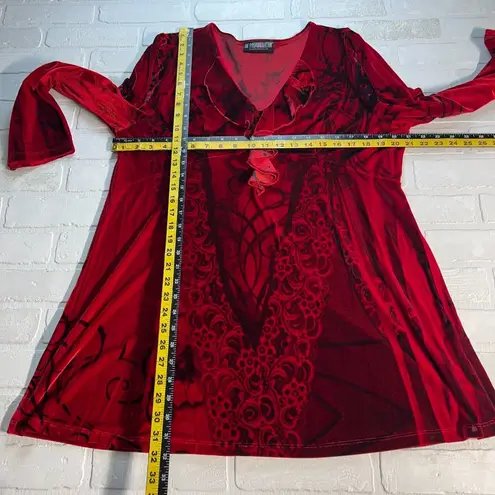 The Pyramid Collection Tunic Top Womens XL Red Velvet Ruffle Floral Long Sleeve
