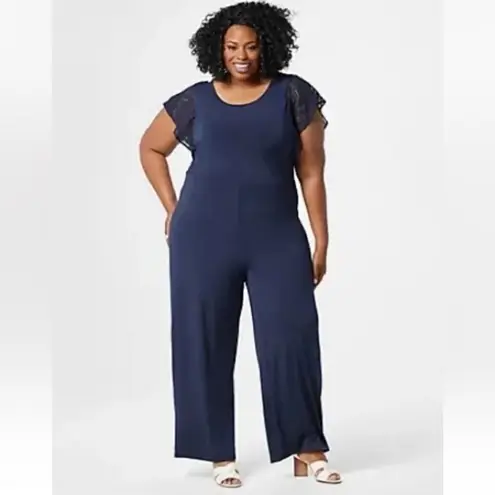 H by Halston H Halston Cardinal Red Regular Jet Set Jersey Wide-Leg Jumpsuit Lace Sleeves