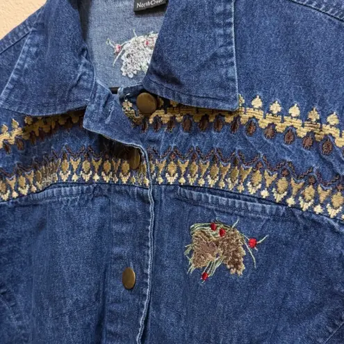 North Crest Womens Denim Jacket Blue Embroidered Pinecone Red Berries XL