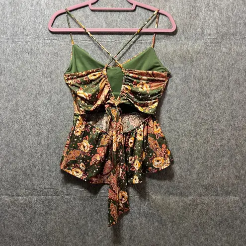 Lily White Floral Cami Top Criss Cross Back Tie Peplum Green Orange L