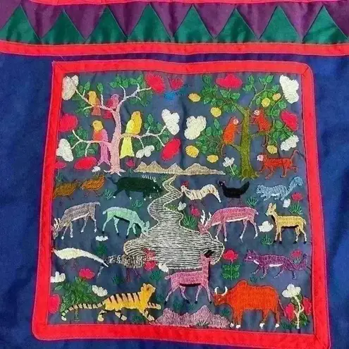 Quilted Blue Tote Bag with Animal Embroidery Boho Anthropologie Style