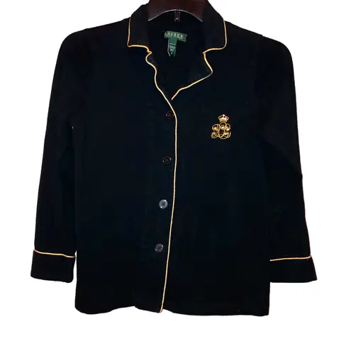 Ralph Lauren Lauren  Logo Pocket Button Up Pajama Top Black Gold Small