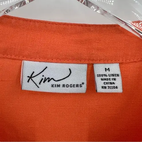 kim rogers  100% linen orange button down pintuck 3/4 tab sleeve blouse