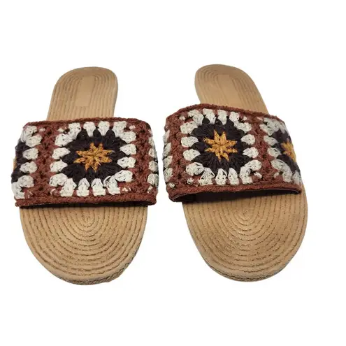 Bamboo  Crochet Retro Earthy Brown Tan Boho Slide Sandals Summer Shoe Size 10