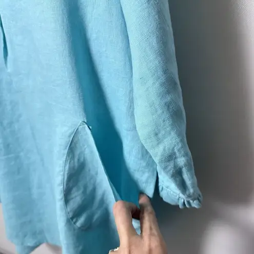 For Cynthia Top Linen Turquoise Blue Ruffle Pockets Lagen Beachy Tropical Small