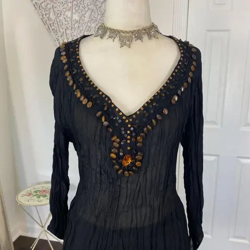 Jaipur Early 2000's Sheer Mesh Crinkle Cinched Beaded Long Sleeve Tunic Blouse M Black Size M
