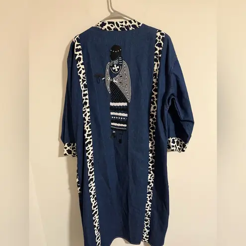 Vintage Molato Embellished beaded Longline Open Cardigan Duster Coat denim Large Blue